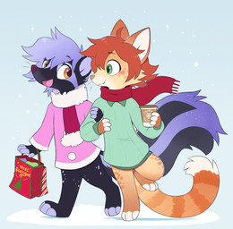 ambiguous_gender anthro biped blush bottomwear clothed clothed_ambiguous clothed_anthro clothing duo feet fingers fully_clothed fully_clothed_ambiguous fully_clothed_anthro fur hair smile tail teeth toes tongue topwear aseethe domestic_cat felid feline felis mammal mephitid skunk hi_res