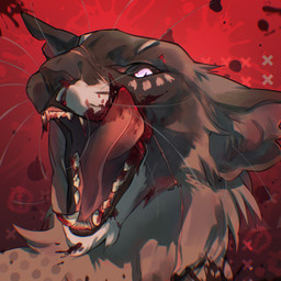 ambiguous_feral ambiguous_gender black_sclera blood blood_on_lips blood_on_teeth bodily_fluids brown_body brown_fur fangs feral front_view fur glistening glistening_eyes looking_at_viewer neck_tuft open_mouth purple_eyes sharp_teeth solo teeth tuft whiskers justkiddinb felid mammal 1:1 absurd_res hi_res