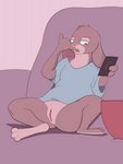 anthro bottomless bowl casual_exposure clothed clothing container electronics female fur furniture genitals grey_body grey_fur oversized_clothing partially_clothed phone picking_teeth pubes purple_eyes pussy relaxing simple_background sofa solo spread_legs spreading teeth kimbies214 disney zootopia judy_hopps lagomorph leporid mammal rabbit 2022 3:4 hi_res