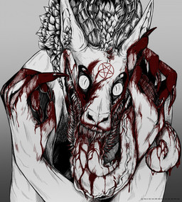 2_horns ambiguous_gender anthro blood blood_drip blood_from_mouth blood_in_mouth blood_on_face blood_on_hand bodily_fluids dripping fur gradient_background horn horror_(theme) long_tongue looking_at_viewer nails occult_symbol open_mouth pentagram pupils sharp_nails sharp_teeth simple_background slit_pupils solo symbol teeth tongue tongue_out white_body unichromacorn synx 2022 hi_res watermark
