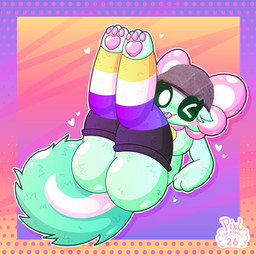 ambiguous_gender anthro axolotl_tail big_butt blep breasts bubble_butt butt clothing collar collar_tag digitigrade eyelashes feet_up female fluffy fluffy_tail fur gills glistening green_body green_fur heart_symbol leg_warmers legs_up legwear lgbt_pride nonbinary_pride_colors one_eye_closed pawpads paws pink_collar pink_gills pink_pawpads pink_paws presenting presenting_hindquarters pride_colors solo suggestive suggestive_pose tail thigh_highs tongue tongue_out vibrant_background wink pixltheaxolotl lgbt_pride_month pixl_(pixltheaxolotl) amphibian aquatic axolotl felid feline mammal mole_salamander salamander absurd_res hi_res signature nonbinary_(lore)