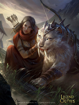 ambiguous_gender armor arrow_(weapon) bow_(weapon) breasts claws clothing crouching duo female feral feral_armor fur furgonomics grey_body grey_fur hair headgear helmet looking_at_viewer mountain outside quiver_(object) ranged_weapon red_clothing tusks weapon whiskers fajareka_setiawan legend_of_the_cryptids felid human mammal 3:4 absurd_res hi_res official_art