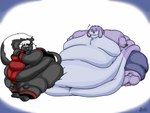 2018 3_toes 4:3 5_fingers anthro barefoot bats_(batspid2) batspid2 belly big_belly biped black_body black_clothing black_eyebrows black_fur bottomwear buckteeth cel_shading chest_tuft clothed clothing digital_drawing_(artwork) digital_media_(artwork) double_chin duo eyebrows eyelashes eyes_closed featureless_moobs feet female fingers flabby_arms floppy_ears freckled_face freckles front_view frown full-length_portrait fupa fur glistening glistening_eyes grey_body grey_clothing grey_fur hair huge_belly huge_moobs huge_thighs hyper hyper_belly hyper_hips hyper_thighs lagomorph legwear leporid looking_at_another lop_ears love_handles male mammal markings mephitid morbidly_obese morbidly_obese_anthro morbidly_obese_male multicolored_body multicolored_clothing multicolored_fur navel obese obese_anthro obese_male overweight overweight_anthro overweight_male pawpads pink_pawpads portrait purple_body purple_bottomwear purple_clothing purple_eyes purple_fur rabbit red_clothing shaded shorts signature simple_background sitting size_difference skunk smile solo standing sweatdrop_(iconography) tail tail_tuft teeth thick_thighs three-quarter_view toes topless topless_anthro topless_male tuft two_tone_body two_tone_fur two_tone_tail weight_gain whisker_markings white_background white_body white_fur white_hair wrestling_outfit zoey_(batspid2)