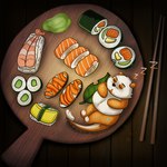 anthro bloated chopsticks eating food hungry leaf lying male overweight rice sleeping solo sound_effects sushi vowelless vowelless_sound_effect wasabi zzz jesterpi_(artist) niko_(nikokoipanda) amur_carp bear carp cyprinid cypriniform fish giant_panda hybrid koi mammal marine typical_carp hi_res