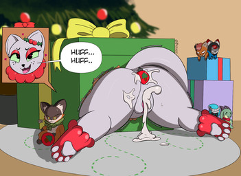 after_sex anal_object_insertion bodily_fluids box butt christmas_decorations christmas_lights christmas_tree container cum cum_in_ass cum_inside emanata female feral genital_fluids genitals gift_box heart_eyes heart_symbol holidays humanoid_genitalia humanoid_genitalia_on_feral humanoid_vulva humanoid_vulva_on_feral in_box in_container object_in_ass open_mouth plant plushie tail tree vulva jyip christmas junipurr domestic_cat felid feline felis mammal hi_res