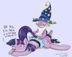 2012 abstract_background cape cub cutie_mark cynicalmoose dragon duo english_text equine fake_beard female feral friendship_is_magic fur green_eyes hair hat horn horse interspecies male mammal my_little_pony penetration pony purple_eyes purple_fur purple_scales sex spike_(mlp) starswirl_the_bearded_(mlp) straight text twilight_sparkle_(mlp) two_tone_hair unicorn young
Rating: Explicit
Score: 18
User: Gilda_The_Gryphon
Date: December 26, 2012