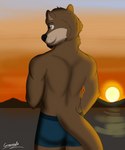 anthro bottomwear brown_body brown_fur cheek_tuft clothed clothing facial_hair facial_tuft fur goatee lake looking_at_viewer looking_back looking_back_at_viewer male rear_view simple_background smile solo sunset swimming_trunks swimwear swimwear_only topless topless_anthro topless_male tuft greensodafennec echo_(game) echo_(series) echo_project chase_hunter mammal mustelid otter absurd_res digital_media_(artwork) hi_res portrait three-quarter_portrait