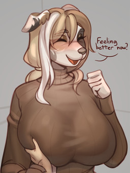 anthro big_breasts biped breast_squish breasts clothed clothed_anthro clothed_female clothing dialogue disembodied_hand duo eyebrows eyes_closed female female_anthro fingers grey_background guided_breast_grab hair hand_on_breast huge_breasts open_mouth open_smile question_mark simple_background smile speech_bubble squish standing sweater text topwear white_body hyattlen canid canine canis domestic_dog mammal 2025 3:4 hi_res