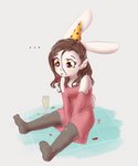 anthro breasts brown_hair clothed clothing dress female fully_clothed hair legwear sitting solo yellow_eyes alasou alissa_(alasou) lagomorph leporid mammal rabbit 2020 digital_media_(artwork) hi_res