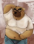 anthro belly blush bulge clothing eyes_closed eyewear glasses kemono male musk navel overweight overweight_male shirt solo topwear underwear snow_utamaru dokachin canid canine canis domestic_dog mammal 2023 hi_res