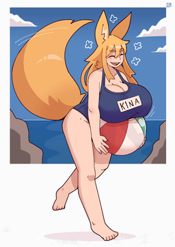 ball beach beach_ball big_breasts big_tail blonde_hair breasts cleavage clothed clothing eyes_closed female hair happy huge_breasts inflatable long_hair open_mouth open_smile smile solo tail text text_on_clothing text_on_topwear thick_thighs topwear wide_hips low_res_art kina_(paht251) animal_humanoid canid canid_humanoid canine canine_humanoid fox_humanoid humanoid mammal mammal_humanoid hi_res signature