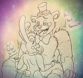 anthro black_nose bodily_fluids bow_tie clothing colorful_background drooling duo fluffy fluffy_chest hat headgear headwear liviuh long_ears looking_pleasured male male/male rosy_cheeks saliva sex speaker tongue tongue_out top_hat icetigerkitten five_nights_at_freddy's five_nights_at_freddy's_2 scottgames sister_location funtime_freddy_(fnafsl) toy_bonnie_(fnaf) bear humanoid lagomorph leporid mammal rabbit colorful_theme