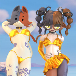alternate_hairstyle anthro arm_tattoo armwear bedroom_eyes belly_tattoo bikini black_body black_fur bottomwear bow_ribbon calico_pattern clothing collar dot_eyes duo ear_piercing elbow_gloves eyebrows female fingerless_gloves frilly frilly_bikini frilly_clothing frilly_swimwear fur gloves gold_bikini gold_gloves gold_piercing gold_skirt hand_on_belly hands_behind_head handwear leg_tattoo looking_at_viewer miniskirt multicolored_body multicolored_fur narrowed_eyes navel orange_body orange_fur piercing raised_eyebrows seductive simple_eyes skirt sky spiked_collar spikes swimwear tattoo twintails_(hairstyle) two-piece_swimsuit white_body white_fur yellow_eyes macu031 epic_games fortnite cate_meowdy meow_skulls calico_cat domestic_cat felid feline felis mammal 1:1 2026 3d_(artwork) digital_media_(artwork) hi_res cousins_(lore)