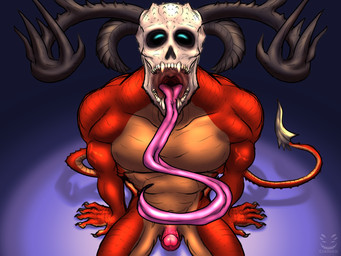 awaiting bone detailed_mouth first_person_view genitals horn kneeling long_tongue male muscular muscular_male not_furry penis perspective presenting_mouth red_body scales skull skull_head solo submissive submissive_male tailblade throat tongue uvula corinoch_(artist) demon humanoid monster 4:3 hi_res