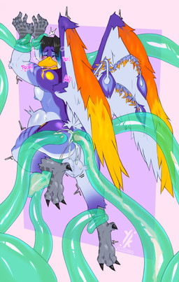 5_fingers anal anal_penetration anthro backsack balls beak biped black_hair blush bodily_fluids claws cum cum_in_ass cum_inside fingers genital_fluids genitals hair looking_pleasured male nipples non-mammal_nipples penetration penis_in_tentacle perineum restrained sex solo tentacle_in_ass tentacle_penetration tentacle_sex tentacles wings yukein european_mythology greek_mythology mythology avian mythological_avian mythological_bird mythological_creature mythological_firebird phoenix absurd_res hi_res