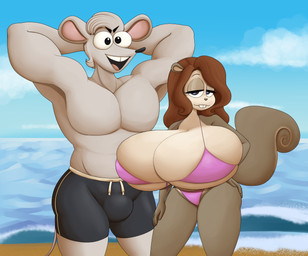 anthro beach big_breasts bikini black_clothing black_swimwear breasts brown_body brown_hair buckteeth bulge clothing curled_tail duo female flexing grey_body grey_hair hair half-closed_eyes hand_on_butt hand_on_leg hand_on_thigh hands_behind_head huge_breasts hyper hyper_breasts looking_at_viewer male male/female muscular muscular_male narrowed_eyes open_mouth open_smile pecs pink_bikini pink_clothing pink_swimwear sea sky smile swimming_trunks swimwear tail teeth two-piece_swimsuit water vendant beth_(vendoingo) rat_boyfriend_(vendoingo) mammal murid murine rat rodent sciurid tree_squirrel hi_res
