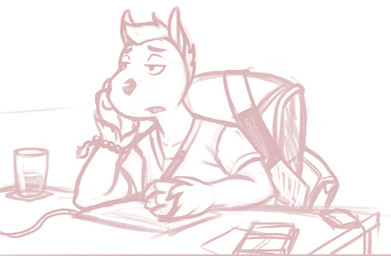 anthro backpack beaded_bracelet beaded_jewelry beads bracelet chair clothed clothing container cup desk drawing_tablet eyebrows fur furniture glass hair jewelry male open_mouth simple_background solo table tongue topwear wallet water white_background mariart equid equine horse mammal sketch