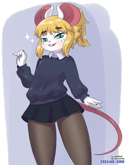 4_fingers anthro black_bottomwear black_clothing black_skirt blonde_hair blue_clothing blue_eyes blue_sweater blue_topwear bottomwear buckteeth butt butt_from_the_front clothed clothing crossdressing femboy fingers fur hair half-closed_eyes legwear looking_at_viewer male narrowed_eyes pink_inner_ear pink_nose ponytail pose shirt skirt smile solo sparkles stockings sweater teeth topwear white_body white_clothing white_fur white_shirt white_topwear mr-shin marvin_(mr-shin) mammal mouse murid murine rodent 2026 hi_res