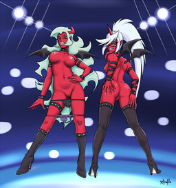 anklet armband blue_hair boots bracelet breasts butt clothed clothing collar duo eyewear fangs female footwear front_view genitals glasses green_hair hair hand_on_butt hand_on_hip high_heeled_boots high_heels horn jewelry knee_boots knee_highs legband legwear long_hair membrane_(anatomy) membranous_wings navel nipples not_furry panties panties_down partially_clothed pose red_body red_skin seductive shoes side_boob socks spiked_anklet spiked_bracelet spiked_collar spiked_legband spikes standing studs teeth thigh_boots thigh_highs thigh_socks underwear underwear_down undressing vulva white_hair wings yellow_eyes radprofile panty_and_stocking_with_garterbelt kneesocks_daemon scanty_daemon demon humanoid hi_res sibling_(lore) sister_(lore) sisters_(lore)