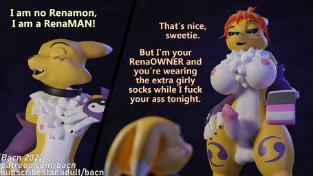 abstract_background anthro areola balls big_breasts black_sclera blue_eyes blush bodily_fluids breasts claws clothed clothing collar dialogue dominant dominant_gynomorph dominant_intersex duo erection femboy footwear fur genital_fluids genitals gynomorph gynomorph/male hair humanoid_genitalia humanoid_penis imminent_sex intersex intersex/male legwear male nipples nude open_mouth penis pink_areola pink_nipples precum profanity slave smile socks standing submissive submissive_male text topless white_body white_fur yellow_body bacn bandai_namco digimon renamon_(bacn) canid canine digimon_(species) mammal renamon 16:9 2022 3d_(artwork) comic digital_media_(artwork) english_text hi_res widescreen