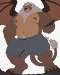 4_toes 5_fingers anthro bear_ears belly bottomwear claws clothed clothing cute_fangs digitigrade fangs feet fingers fur low-angle_view male mane membrane_(anatomy) membranous_wings multicolored_body multicolored_fur musclegut muscular navel nipples offering_hand pawpads paws reaching_towards_viewer shorts shorts_only simple_background solo tail tail_tuft teeth toes topless tuft two_tone_body two_tone_fur white_background wings xyandrith xan_the_chimera bear chimera felid hybrid lion mammal pantherine 4:5 absurd_res hi_res