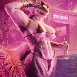 abs anthro areola areola_slip bikini bracelet clothing eyewear female fin gills glasses jewelry monstera side_gills solo swimming_pool swimwear tail text two-piece_swimsuit tiktik3d monster_energy aquatic fish shark 1:1 3d_(artwork) absurd_res digital_media_(artwork) english_text hi_res