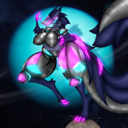 anthro claws destruction digitigrade female glistening glistening_body glowing glowing_body glowing_eyes glowing_markings lights machine macro macro_female markings shadow solo space passiona_roo protogen 1:1 hi_res