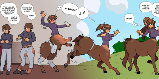 belt big_breasts bottomwear breast_growth breasts brown_body brown_hair butt chair clothing day detailed_background dialogue ear_expansion expansion female footwear furniture gender_transformation grass growth hair hair_expansion holding_object hoof_growth hooves human_to_taur inside leg_growth limb_growth looking_down male mtf_transformation nipple_outline offscreen_character open_mouth outside pants plant ponytail shirt shoes solo species_transformation table tail tail_growth text topwear torn_clothing transformation transformation_sequence blackshirtboy european_mythology greek_mythology mythology centaur equid equid_taur human humanoid_taur mammal mammal_taur taur 2026 absurd_res digital_media_(artwork) english_text hi_res sequence