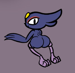 anthro avian_feet big_butt big_ears black_eyes black_nose blue_body blue_fur butt eyeshadow female forehead_gem fur gem grey_background looking_at_viewer looking_back looking_back_at_viewer makeup nude prosthetic prosthetic_leg prosthetic_limb rear_view red_eyeshadow simple_background smile solo wide_hips winged_arms wings stickyfan nine_sols red_candle_games goumang_(nine_sols) felid feline mammal solarian hi_res