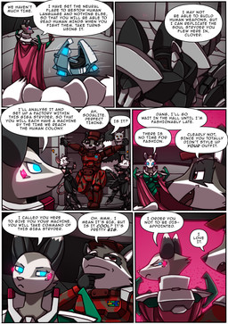 anthro armor blue_eyes cape clothing dialogue duo female glowing glowing_eyes inside male red_eyes text kitfox-crimson in_our_shadow parsley_(kitfox-crimson) sodalite_(kitfox-crimson) thyme_(kitfox-crimson) tourmaline_(kitfox-crimson) american_opossum mammal marsupial murid murine mustelid musteline procyonid raccoon rat rodent true_musteline virginia_opossum weasel absurd_res comic english_text hi_res multiple_scenes