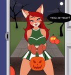 answering_door anthro big_breasts blush bodily_fluids bottomwear breasts cheerleader cheerleader_outfit clothing cosplay costume dialogue drooling female halloween_costume holidays looking_at_viewer miniskirt nipple_outline nipple_piercing nipples open_mouth piercing piercing_outline saliva skirt solo speech_bubble text tongue tongue_out trick-or-treating wide_stance peachikeen halloween peachi_(peachikeen) canid canine fox mammal absurd_res english_text hi_res