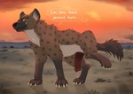 animal_genitalia bodily_fluids brown_body brown_fur claws dialogue female feral fur genital_fluids genitals grin inner_ear_fluff looking_at_viewer pseudo-penis raised_leg savanna sky smile solo sunset talking_feral text tuft digitoxici hyena mammal spotted_hyena english_text hi_res