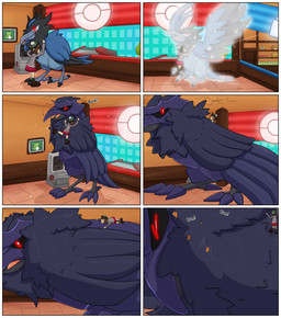 ambiguous_gender body_size_growth carrying_another carrying_partner cracks cramped destruction duo evolution_(transformation) excited excited_expression extreme_size_difference female feral happy hug inside larger_ambiguous larger_feral lying macro macro_feral on_front painting_(object) pokemon_center size_difference size_transformation smaller_female smaller_human transformation worried listrymistery nintendo pokemon gloria_(pokemon) avian bird corviknight corvisquire generation_8_pokemon human mammal pokemon_(species) 2023 absurd_res comic digital_media_(artwork) digital_painting_(artwork) hi_res painting_(artwork)