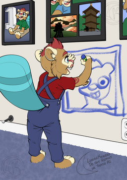 anthro beaver_tail big_tail blue_eyes blue_tail brown_body brown_fur brown_inner_ear buckteeth cheek_tuft clothing crayon drawing_(action) facial_tuft feet fur hair happy inside male markings open_mouth open_smile overalls picture_frame rear_view red_body red_clothing red_fur red_hair red_markings red_shirt red_spots red_topwear shirt shoeless smile solo spots spotted_face standing tail tan_body tan_fur teeth toddler topwear tuft wall_(structure) young babypandora kvikk_(littlekvikk) beaver mammal rodent hi_res