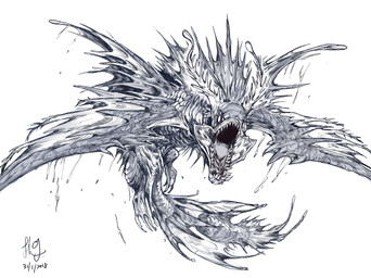 ambiguous_gender dark_body dark_scales fangs feet feral frill_(anatomy) head_crest head_frill light_membrane membrane_(anatomy) membranous_wings multi_eye open_mouth realistic_wings scales simple_background simple_eyes solo tail tail_frill teeth toes tongue_showing webbed_feet white_background wings chiayeeee marine unknown_species 2018 dated digital_drawing_(artwork) digital_media_(artwork) full-length_portrait hi_res monochrome portrait signature