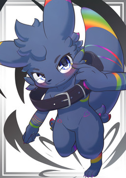 4_toes 5_fingers ambiguous_gender anthro black_body black_collar blue_eyes blush blush_lines card_art cheek_tuft claws collar detailed_eyes ear_markings eyelashes facial_tuft feet fingers fur heart_(marking) long_tail looking_at_viewer markings multicolored_body multicolored_fur multicolored_markings oversized_collar purple_claws rainbow rainbow_markings raised_tail simple_background solo sparkles sparkling_eyes tail thick_thighs toes tuft white_sclera siel nintendo pokemon sielle_silvers eeveelution generation_2_pokemon pokemon_(species) umbreon