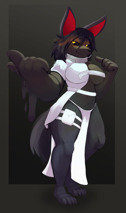 anthro big_ears black_body black_hair black_sclera bottomwear clothed clothing female ferrofluid gesture glowing glowing_eyes hair half-closed_eyes hand_gesture loincloth narrowed_eyes pointing smile smirk solo straps yellow_eyes karr_(artist) mir_(swiwwel) canid canine mammal absurd_res hi_res