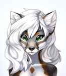 anthro bangs bare_shoulders black_nose brown_body brown_fur bust_portrait canid canine cheek_tuft digital_media_(artwork) facial_tuft female fox fur green_eyes grey_fox hair hi_res inner_ear_fluff lexa_frost_(frosted~fox) long_hair looking_at_viewer mammal multicolored_body multicolored_fur portrait shaded simple_background solo talilly tuft two_tone_body two_tone_fur urocyon white_background white_body white_fur white_hair