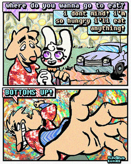 2_panel_comic aloha_shirt anthro bow_tie cheek_spots clothing dialogue duo floppy_ears fur half-closed_eyes humor imminent_punch male narrowed_eyes open_mouth open_smile overalls pattern_clothing pattern_shirt pattern_topwear shirt smile smirk smug smug_face smug_grin speech_bubble teeth text tooth_gap topwear white_body white_fur wide_eyed yellow_body yellow_fur rawdawgcomics bingus_(rawdawgcomics) stahli_(rawdawgcomics) bird_dog canid canine canis domestic_cat domestic_dog felid feline felis golden_retriever hunting_dog lagomorph leporid mammal rabbit retriever 4:5 comic english_text hi_res