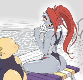 accessory anthro backless_clothing backless_swimsuit bangs bench blue_body blue_skin butt caustics clothing drying duo ear_fins ear_frill eye_contact eye_patch eyelashes eyeshadow eyewear female fin frill_(anatomy) gills glistening glistening_body glistening_skin hair hair_accessory hair_tie holding_object holding_towel humanoid_focus long_hair looking_at_another makeup membrane_(anatomy) membranous_frill noseless on_bench one-piece_swimsuit open-back_swimsuit open_mouth open_smile ponytail poolside pupils rear_view red_eyeshadow red_hair scales sharp_teeth simple_background sitting size_difference slit_pupils smile sport_swimsuit swimming_pool swimwear tail teeth thick_tail towel towel_around_neck water wet white_background yellow_body yellow_scales yellow_sclera yellow_teeth konbas undertale undertale_(series) alphys undyne animal_humanoid aquatic aquatic_humanoid fish fish_humanoid humanoid lizard reptile scalie