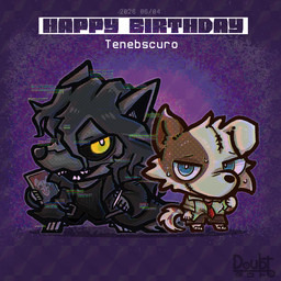accessory anthro black_body black_fur black_hair black_nose chibi clothing coat duo fur glitch hair happy_birthday machine male necktie pen plushie shirt stitch_(sewing) tablet tan_body tan_fur text topwear trenchcoat doubt. dollhouse_(tenebscuro) wolfscuro animate_inanimate animatronic canid canine canis domestic_dog living_plushie mammal robot wolf 1:1 english_text hi_res