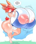 anthro areola big_breasts breasts clothing ellipsis female hair heart_pupils huge_breasts hyper hyper_breasts multicolored_body nipple_dip nipples open_mouth orange_eyes orange_hair overalls pink_areola pink_nipples solo speech_bubble text thick_thighs two_tone_body angstrom clare_(themushlord) lagomorph leporid mammal rabbit absurd_res english_text hi_res