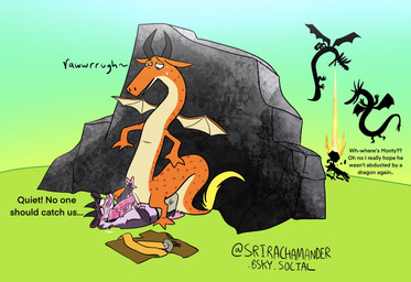 anthro attack belly blush blush_lines bodily_fluids clothed clothing dialogue duo fellatio feral fire fur genital_fluids genitals horn interspecies long_body male male/male medieval medieval_clothing medieval_fantasy oblivious oral orange_body pants_only partially_clothed penile penis precum purple_body purple_fur ribbed_penis rock sex shirtless_anthro shirtless_male silhouette slightly_chubby stealth_sex sweat sweatdrop vein wings srirachamander monty_(srirachamander) hybrid hi_res