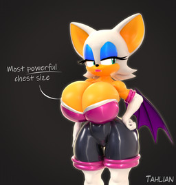 anthro armor bat_wings big_breasts big_ears black_clothing black_eyes black_skinsuit blue_eyeshadow breastplate breasts cleavage cleavage_overflow clothed clothing countershading eyelashes eyeshadow fangs female fur glistening glistening_eyes green_eyes hair huge_breasts lips long_eyelashes makeup membrane_(anatomy) membranous_wings narrowed_eyes pink_lips pupils purple_wings short_hair skinsuit tan_body tan_countershading tan_inner_ear tan_skin teeth text thick_eyelashes thick_thighs thigh_gap tight_clothing white_body white_ears white_fur white_hair wide_hips wings tahlian sega sonic_the_hedgehog_(series) rouge_the_bat bat mammal absurd_res english_text hi_res
