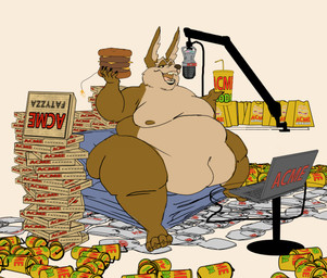 anthro belly big_belly box brown_body brown_fur burger computer container electronics food fur laptop livestream male microphone moobs mukbang nipples obese obese_male open_mouth overweight overweight_male pizza_box sharp_teeth solo teeth weight_gain yellow_sclera badulldoo looney_tunes warner_brothers wile_e._coyote canid canine canis coyote mammal hi_res