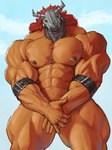 abs anthro areola armband armor barazoku biceps big_muscles big_pecs claws cloud covering covering_crotch covering_self day deltoids hair headgear helmet horn huge_muscles huge_pecs huge_thighs long_hair looking_at_viewer male manly mask mask_only muscular muscular_anthro muscular_male navel nipples nude outdoor_nudity outside pecs quads sky solo standing thick_thighs triceps oldshep bandai_namco digimon digimon_(species) wargreymon 2024 absurd_res hi_res