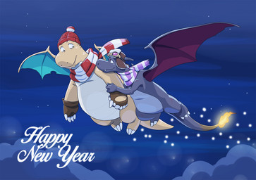 anthro anthro_on_anthro beanie blue_body blue_scales clothing duo eyewear eyewear_on_head fangs fingerless_gloves fire flaming_tail flying gloves goggles goggles_on_head handwear hat headgear headwear holidays male male/male membrane_(anatomy) membranous_wings night scales scarf sky smile tail tan_body tan_scales teeth wings winter_hat eclipticafusion new_year nintendo pokemon charizard dragonite generation_1_pokemon pokemon_(species) hi_res