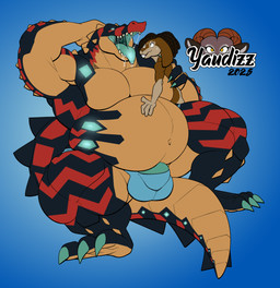 anthro belly big_butt bodily_fluids bulge butt drooling duo male musclegut muscular muscular_anthro muscular_male navel open_mouth overweight overweight_anthro overweight_male saliva size_difference size_play thick_thighs vore yaudizz obsequious alligator alligatorid crocodilian lagomorph leporid mammal rabbit reptile scalie hi_res