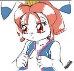 5_fingers big_eyes breasts clothed clothing female fingers hair open_clothing open_shirt open_topwear pink_hair red_eyes shirt short_hair small_breasts solo topwear vest white_body peterson samurai_pizza_cats princess_vi humanoid lagomorph leporid mammal rabbit 2006