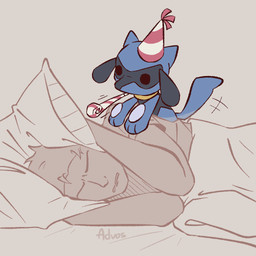 4_fingers ambiguous_gender anthro bed bed_covers bedding black_eyes blue_body blue_fur blue_tail clothed clothed_human clothed_male clothing duo fingers front_view fur furniture hat headgear headwear lying male on_bed on_side party_hat pillow shirt simple_background t-shirt tail topwear advos nintendo pokemon generation_4_pokemon human mammal pokemon_(species) riolu 1:1 2024 digital_media_(artwork)